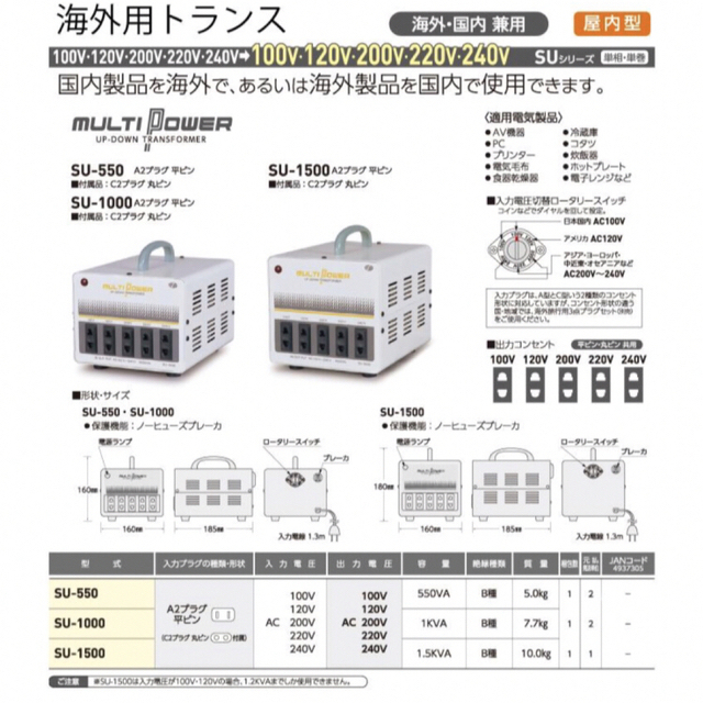 日動工業 海外用トランス AC100V~240V 1.5KVA SU-1500 スマホ/家電/カメラの生活家電(変圧器/アダプター)の商品写真