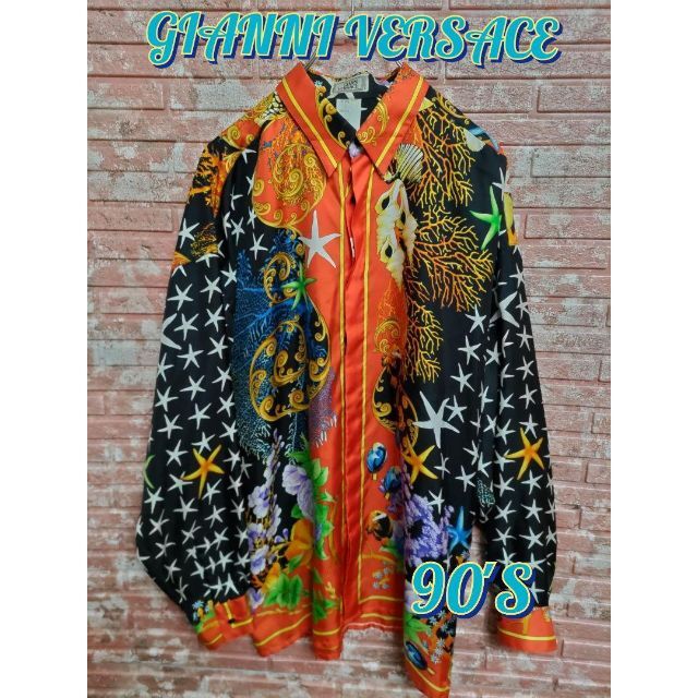 好きに Gianni Versace 46 長袖シルクシャツ マリンプリント 90'S
