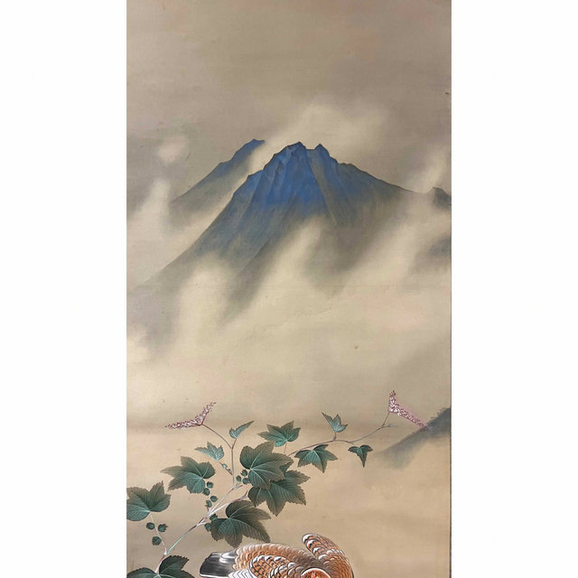 縦208cm昭和初期 玉井敬泉 白山御膳峯と雷鳥 掛軸 日本画 絵画 美術 骨董  時代物