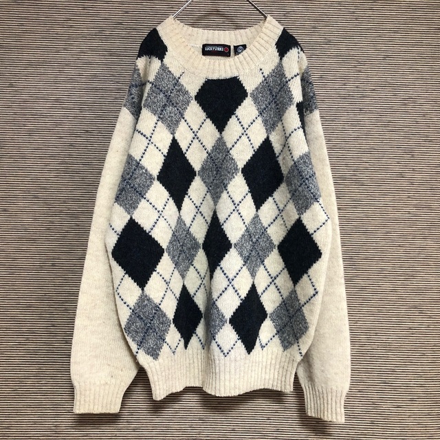 【ラッキーストライク】セーター　ニット　幾何学　ヘリンボーン　ベージュ　黒K1
