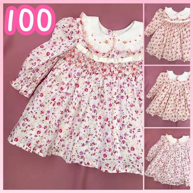 小花柄ワンピース ハンドメイド　100cm キッズ/ベビー/マタニティのキッズ服女の子用(90cm~)(ワンピース)の商品写真