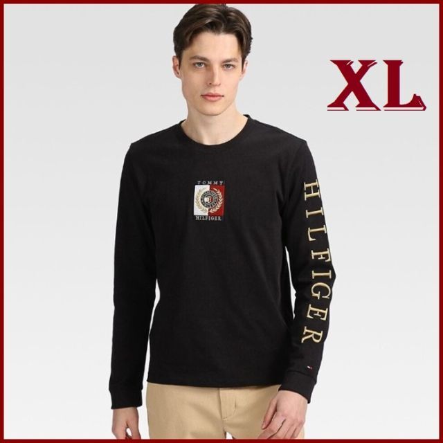 直送商品 TOMMY HILFIGER XLサイズ クレスト刺繍のアイコンロングスリーブTシャツ　ブラック - Tシャツ+カットソー(七分+長袖)