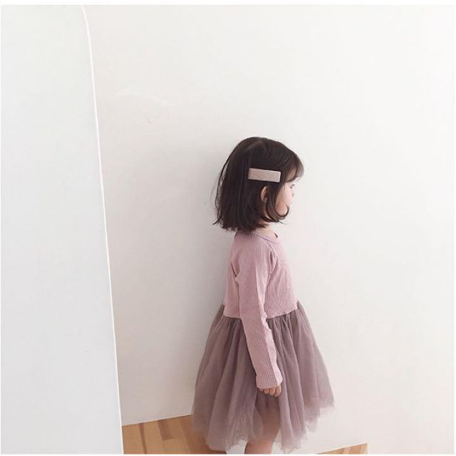 チュール　ワンピース　長袖　95-100cm パープル系 キッズ/ベビー/マタニティのキッズ服女の子用(90cm~)(ワンピース)の商品写真