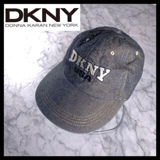 ダナキャランニューヨーク(DKNY)の90s 古着 DKNY USA ダナキャラン デニム キャップ 刺繍ロゴ 革(キャップ)