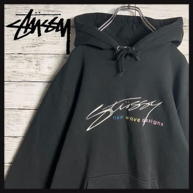 希少デザイン】STUSSY フィッシュ 魚 センター刺繍ロゴ パーカー 希少-