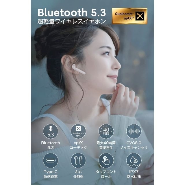 イヤホン bluetooth5.3 ノイズキャンセル ワイヤレスイヤホン  スマホ/家電/カメラのオーディオ機器(ヘッドフォン/イヤフォン)の商品写真