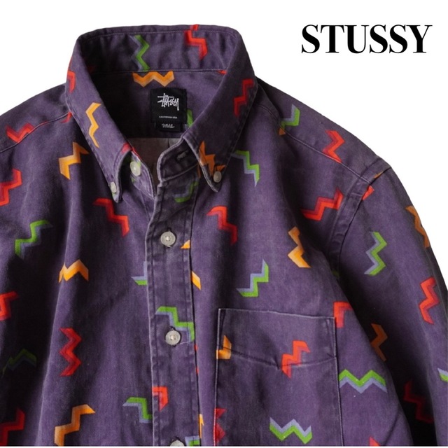 STUSSY(ステューシー)のSTUSSY 長袖シャツ 幾何学柄 総柄 ヴィンテージ加工 ネイビー メンズのトップス(シャツ)の商品写真