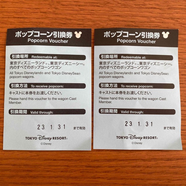 Disney(ディズニー)のポップコーン引換券 2枚セット チケットの施設利用券(遊園地/テーマパーク)の商品写真
