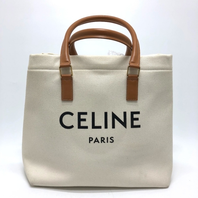 celine - セリーヌ CELINE ホリゾンタル カバ ロゴ トートバッグ キャンバス/レザー ナチュラル／タン ホワイト