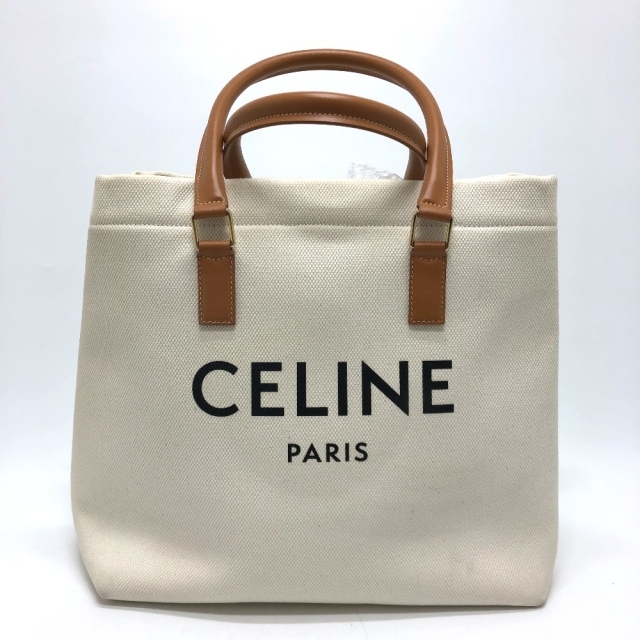 セリーヌ CELINE ホリゾンタル カバ ロゴ トートバッグ キャンバス/レザー ナチュラル／タン ホワイト