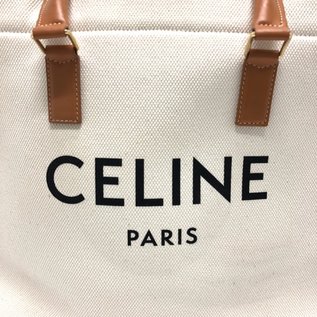 セリーヌ CELINE ホリゾンタル カバ ロゴ トートバッグ キャンバス/レザー ナチュラル／タン ホワイト