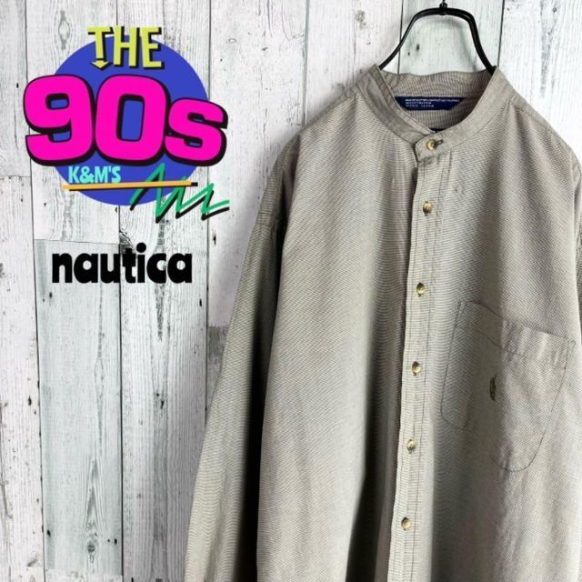 90's nautica ノーティカ　ロゴ刺繍　ギンガムチェックノーカラーシャツ90s_km