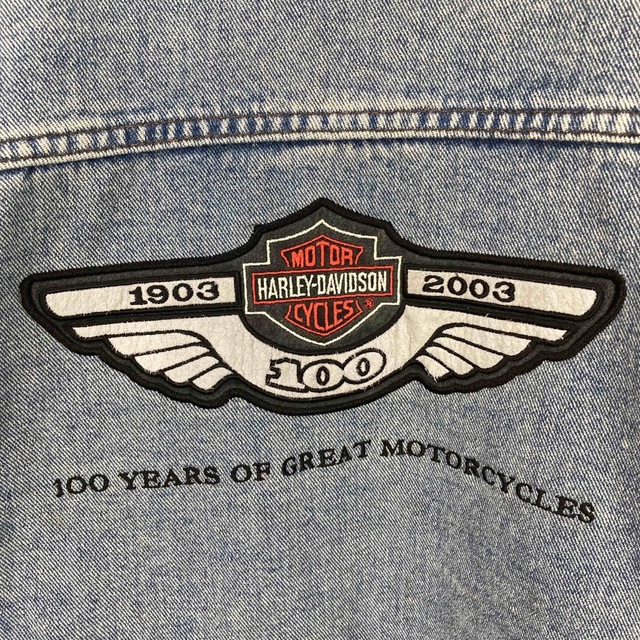 Harley Davidson(ハーレーダビッドソン)のハーレーダビッドソン カナダ製 刺繍ロゴ レザーパッチ デニムジャケット メンズのジャケット/アウター(Gジャン/デニムジャケット)の商品写真