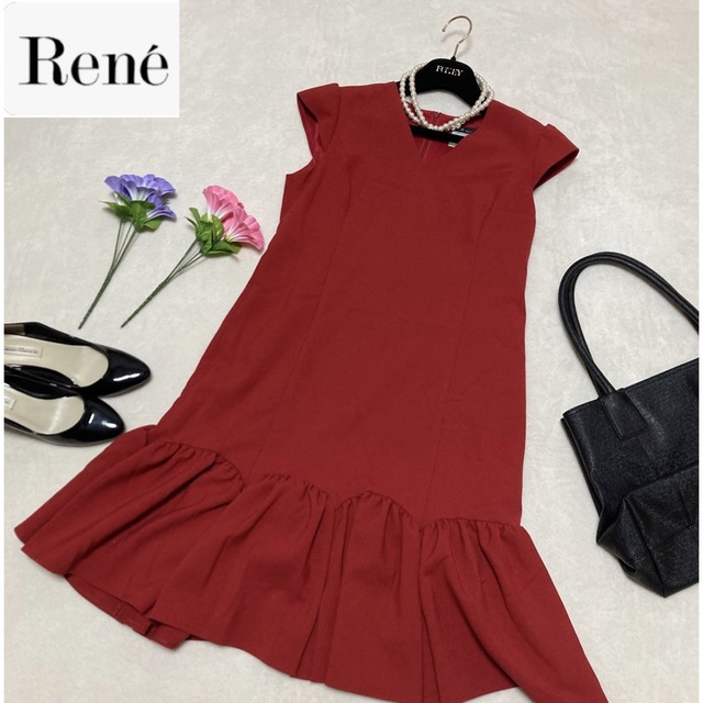 【美品】Rene ルネ　ツイード　フリル　ワンピース　レッド　ひざ丈　38