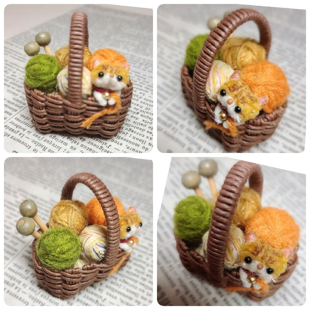 毛糸玉いっぱいだにゃ～💕　ミニかご　にゃんこ　猫　ねこ ハンドメイドのペット(その他)の商品写真