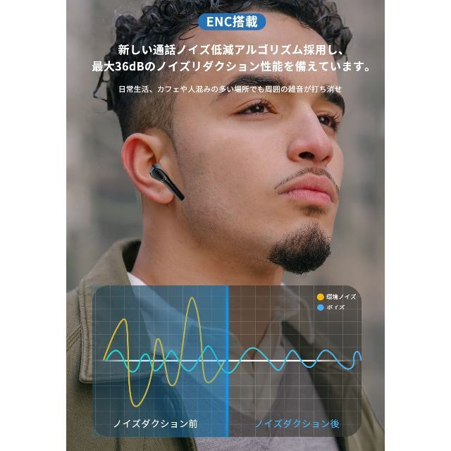 ワイヤレスイヤホン Bluetooth イヤホン 瞬時接続 ENC通話ノ