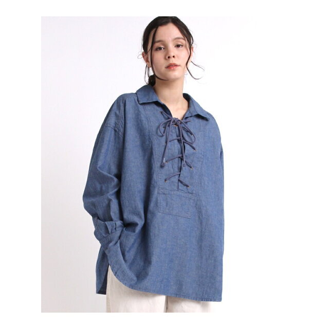 【ブルー】B2680 綿麻シャンブレーレースアップシャツ