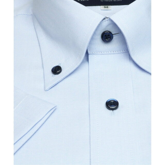 おしゃれ 【ブルー】(M)【透け防止プラス】形態安定 ボタンダウンカラー 半袖ビジネスワイシャツ 通販