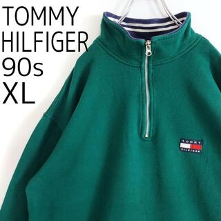 トミーヒルフィガー(TOMMY HILFIGER)の90s トミーヒルフィガー ハーフジップスウェット XL グリーン緑 フラッグ(スウェット)
