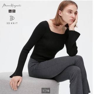 ユニクロ(UNIQLO)のユニクロ ３Dリブスクエアネックセーター 黒 L(カットソー(長袖/七分))