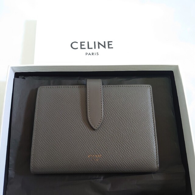 美品 CELINE ミディアムストラップ 二つ折り財布 グレー