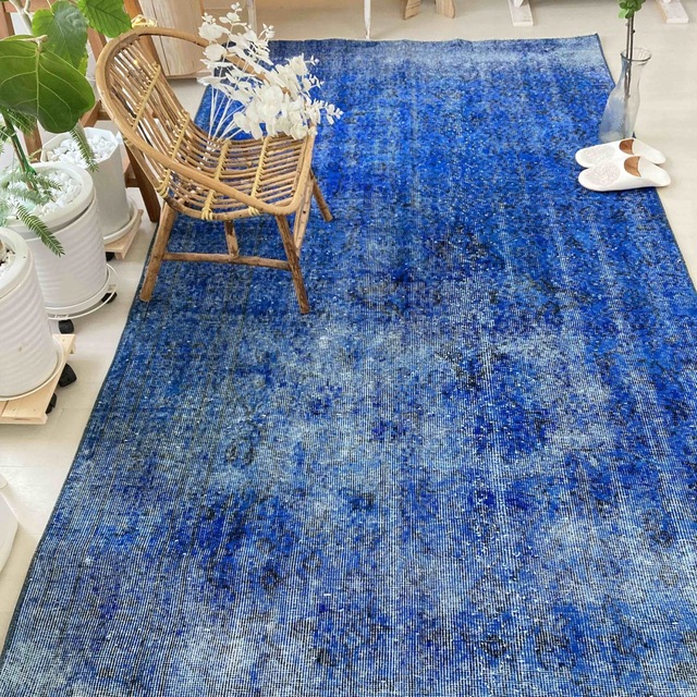 超大判 貴重 オーバーダイ デニムブルー トルコヴィンテージラグ
