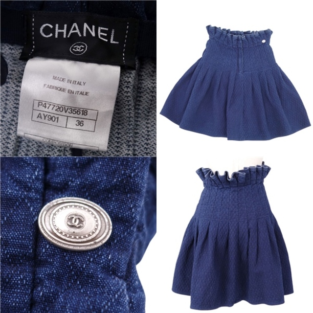 美品 シャネル CHANEL スカート P47720 ハイウエスト ギャザー フレア コットン デニム レディース ボトムス 36(S相当) インディゴブルー 5