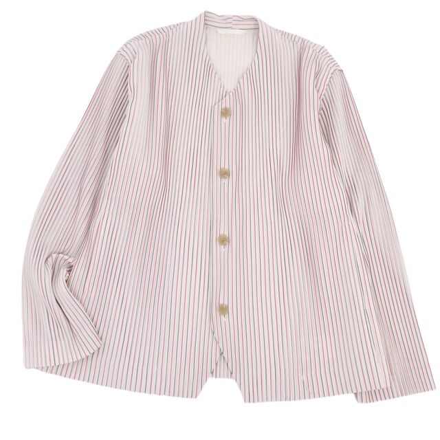 美品 オムプリッセ イッセイミヤケ HOMME PLISSE ISSEY MIYAKE ジャケット プリーツ ノーカラー メンズ ストライプ アウター 2(M相当) マルチカラー | フリマアプリ ラクマ