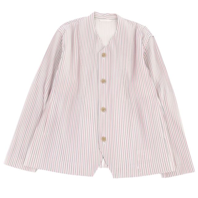 美品 オムプリッセ イッセイミヤケ HOMME PLISSE ISSEY MIYAKE ジャケット プリーツ ノーカラー メンズ ストライプ アウター 2(M相当) マルチカラー