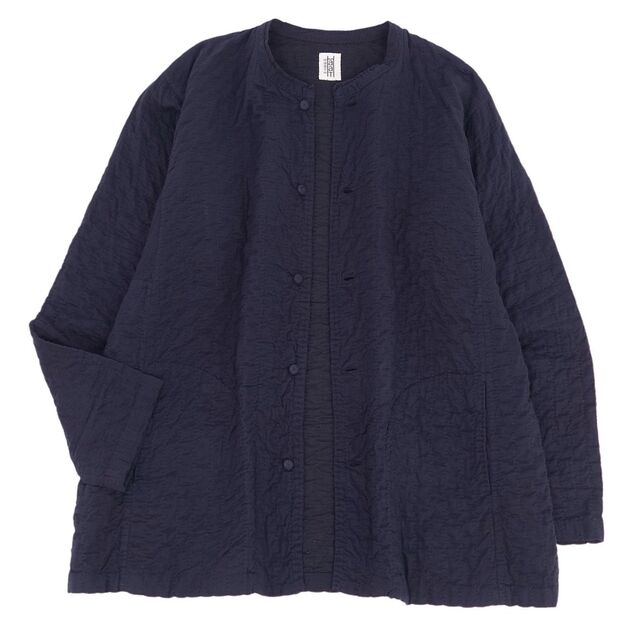 美品 ハート イッセイミヤケ HaaT ISSEY MIYAKE ジャケット ノーカラー シワ加工 レディース アウター 3(レディースL、メンズS相当) ネイビー