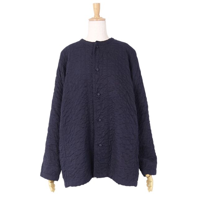 美品 ハート イッセイミヤケ HaaT ISSEY MIYAKE ジャケット ノーカラー シワ加工 レディース アウター 3(レディースL、メンズS相当) ネイビー