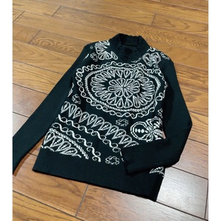 【セレクト】幾何学刺繍◆上質ブラック系ハイネックリブニット(ニット/セーター)