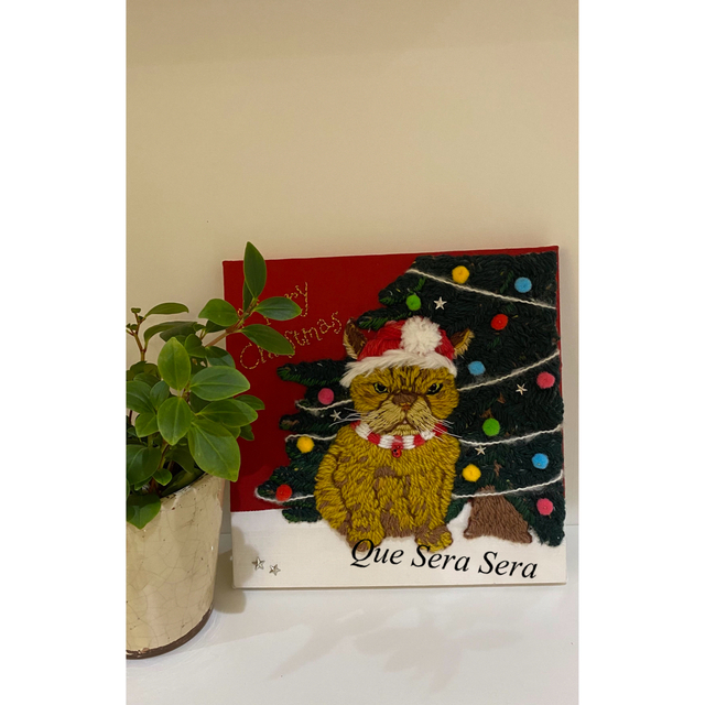 刺繍　猫　クリスマス　ファブリックパネル ハンドメイドのインテリア/家具(ファブリック)の商品写真