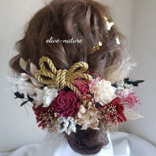 ヘッドドレス～ソラダリアレッドゴールドリボンstyle～髪飾り 成人式金箔ヘア(ヘアアクセサリー)