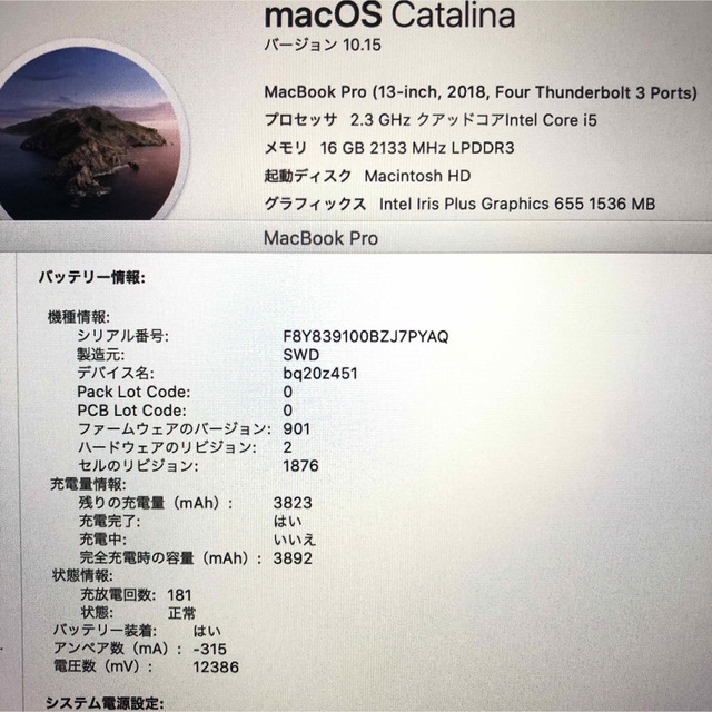 Mac (Apple)(マック)のMacBook pro 13インチ 2018 メモリ16GB SSD512GB スマホ/家電/カメラのPC/タブレット(ノートPC)の商品写真