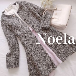 ノエラ(Noela)のノエラ美人百花掲載パールビジューボタンノーカラーツイードコート白黒Aライン冬(ロングコート)