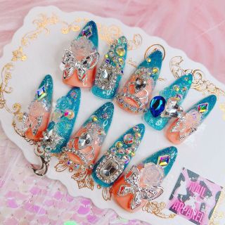 ¥1800*ネイルチップ 付け爪*ブルーラメグラ 青 水色 ギャル 蝶々
