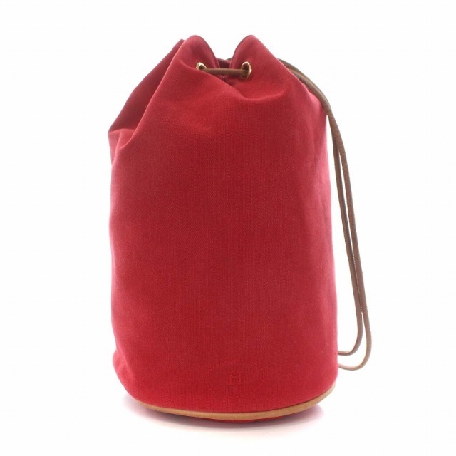 エルメス ポロションミミル ショルダーバッグ 巾着バッグ キャンバス 赤 レッド