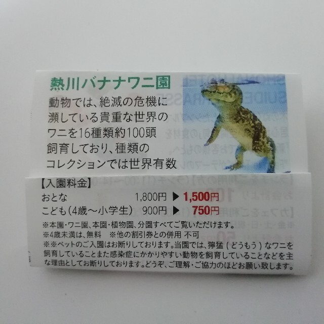 熱川バナナワニ園大人　1800円を1500円 チケットの施設利用券(遊園地/テーマパーク)の商品写真