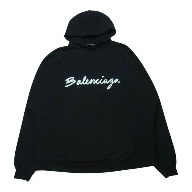 BALENCIAGA バレンシアガ 22AW 674986 TMVB5 WIDE FIT HOODIE ダメージ加工 ロゴ フーディー パーカー ブラック系 L【美品】