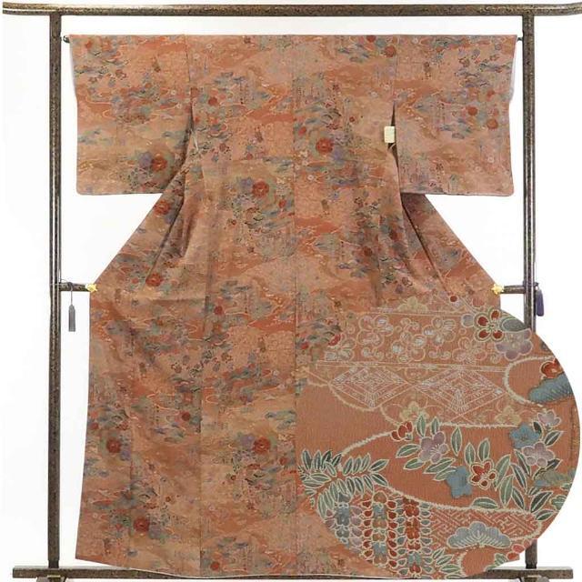 小紋 身丈162cm 裄66cm 前幅22cm 後幅28cm 袖丈49cm 正絹(シルク) レディース 袷仕立 秋冬春用 茶色 裄Mサイズ 美品 リサイクル リユース 高評価なギフト