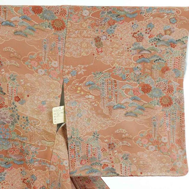 小紋 身丈162cm 裄66cm 前幅22cm 後幅28cm 袖丈49cm 正絹(シルク) レディース 袷仕立 秋冬春用 茶色 裄Mサイズ 美品 リサイクル リユース 2