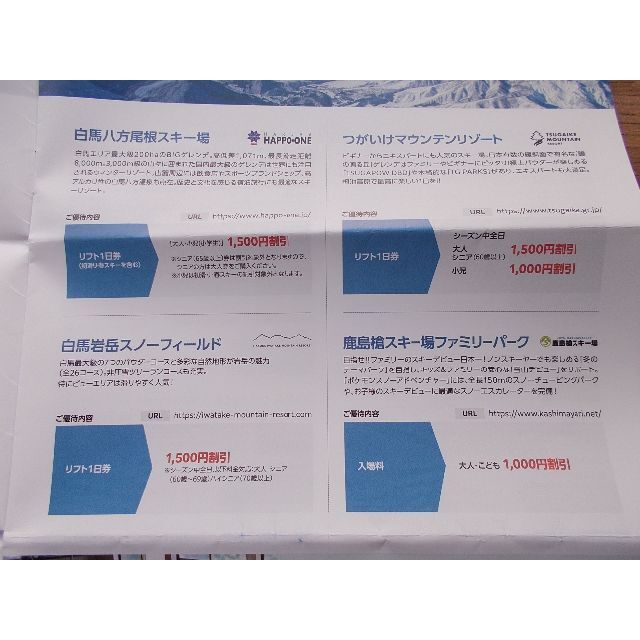 スキー場リフト利用割引券 八方尾根 岩岳 つがいけ 鹿島槍 竜王 菅平 ...