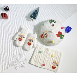 韓国子供服　子供/キッズ/ベビー　クリスマス帽子3点セット　ホワイト(帽子)