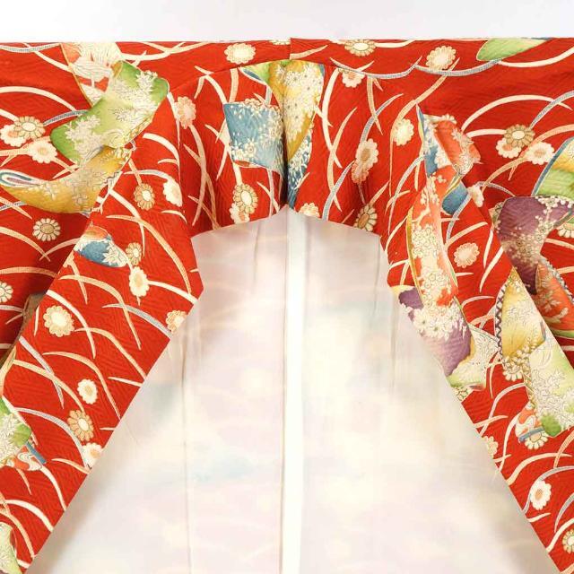 【中古】リサイクル着物 小紋 / 正絹朱赤地露芝柄袷小紋着物 レディース 秋冬春用 シルク レッド 裄Mサイズ【あす楽】身丈160cm 裄65cm 前幅22cm 後幅28cm 袖丈49cm