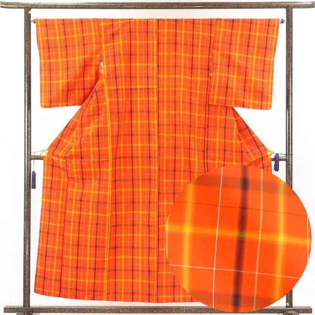 【中古】リサイクル 紬 オレンジ地 格子柄 大島紬調 袷 正絹 着物 レディース 秋冬春用 シルク オレンジ 裄Mサイズ【あす楽】身丈156cm 裄65cm 前幅25cm 後幅30cm 袖丈51cm | フリマアプリ ラクマ