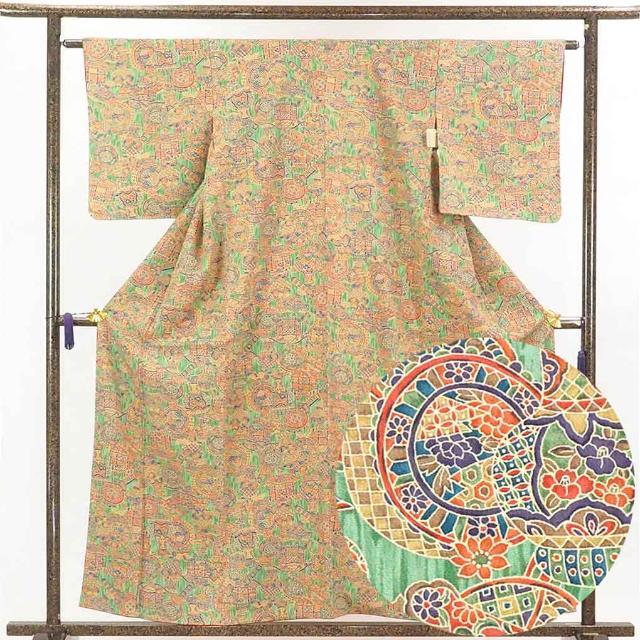 小紋 身丈158cm 裄65cm 前幅23cm 後幅30cm 袖丈49cm 正絹(シルク) レディース 袷仕立 秋冬春用 ピンク地 裄Mサイズ 未使用品 リサイクル リユース