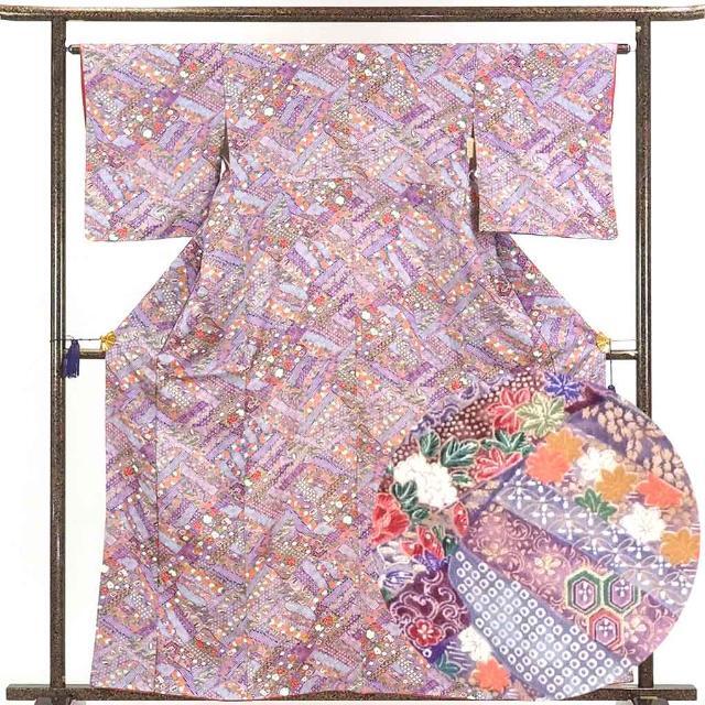日本最級 リサイクル着物 正絹 紫地 花柄 袷 小紋着物
