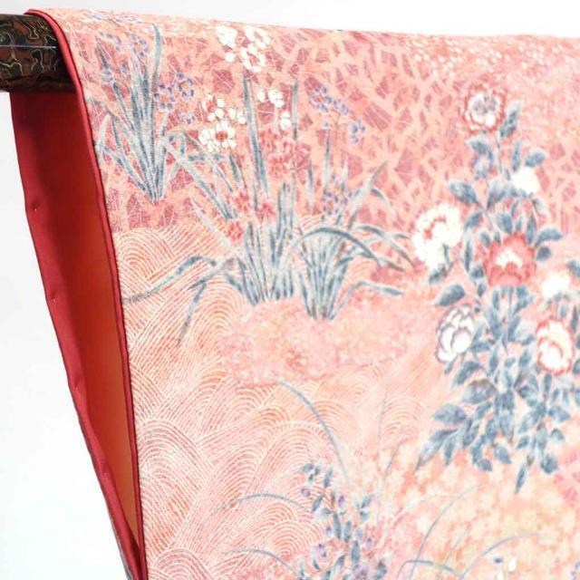 リサイクル 小紋 ピンク地 花柄 袷 正絹 着物 未使用品 レディース