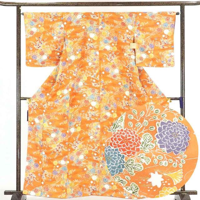 中古】リサイクル 小紋 オレンジ地 花柄 袷 正絹 着物 未使用品 ...